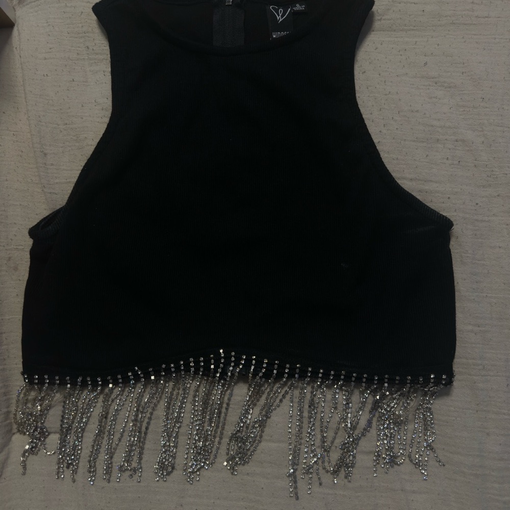Windsor Black Crop Top with Silver Fringe